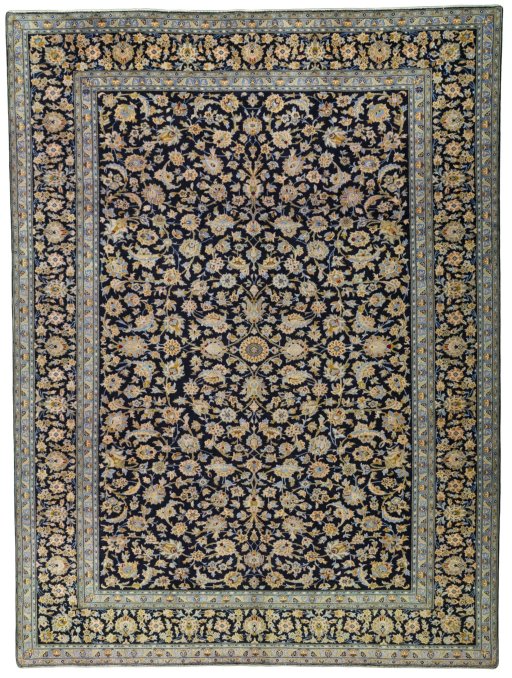Full view of 2000s Kashan rug from Iran / Persia, 407 × 305 cm in Blue tones