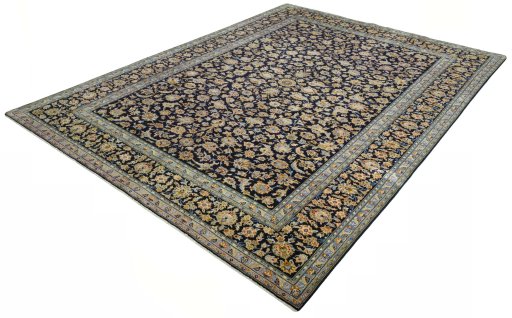 Corner detail of 2000s Kashan rug showing border pattern and Wool pile