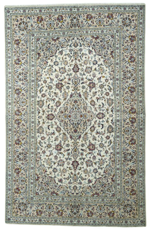 Full view of 2000s Kashan rug from Iran / Persia, 300 × 191 cm in Beige tones