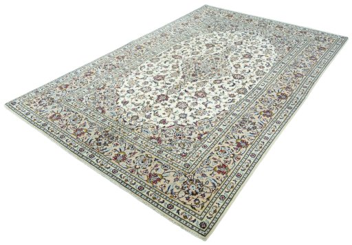 Corner detail of 2000s Kashan rug showing border pattern and Wool pile