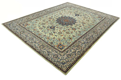 Corner detail of 2000s Kashan rug showing border pattern and Wool pile