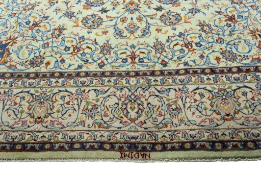 Full view of 2000s Kashan rug from Iran / Persia, 384 × 301 cm in Green tones