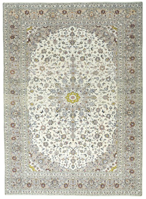 Full view of 2000s Kashan rug from Iran / Persia, 410 × 298 cm in Beige tones