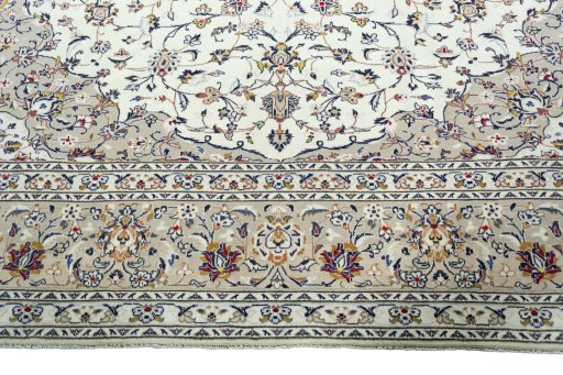 Full view of 2000s Kashan rug from Iran / Persia, 410 × 298 cm in Beige tones