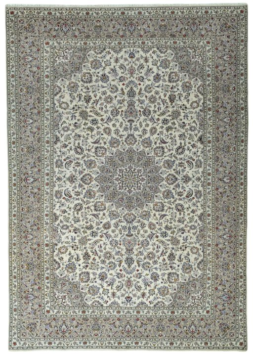 Full view of 2000s Kashan rug from Iran / Persia, 409 × 286 cm in Beige tones