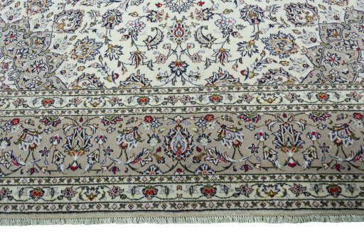 Full view of 2000s Kashan rug from Iran / Persia, 409 × 286 cm in Beige tones