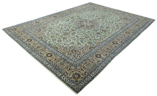 Corner detail of 2000s Kashan rug showing border pattern and Wool pile
