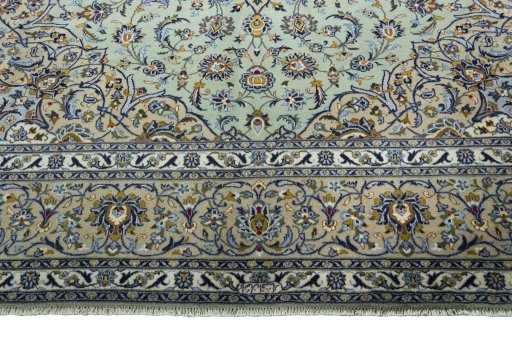 Full view of 2000s Kashan rug from Iran / Persia, 407 × 295 cm in Green tones