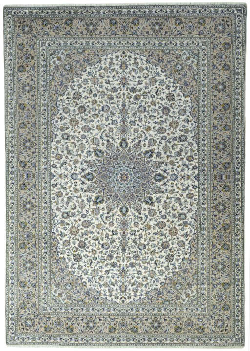 Full view of 2000s Kashan rug from Iran / Persia, 408 × 288 cm in Beige tones