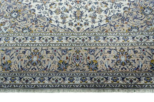 Full view of 2000s Kashan rug from Iran / Persia, 408 × 288 cm in Beige tones