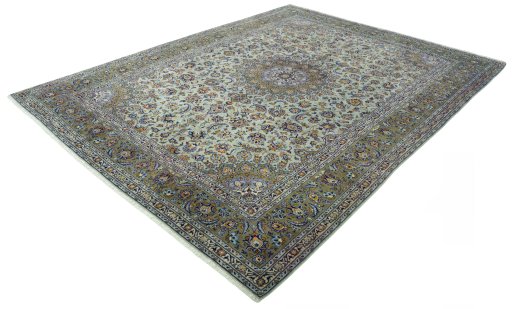 Corner detail of 2000s Kashan rug showing border pattern and Wool pile