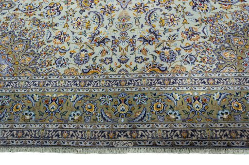 Full view of 2000s Kashan rug from Iran / Persia, 396 × 303 cm in Blue tones