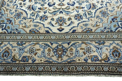 Full view of 2000s Kashan rug from Iran / Persia, 341 × 240 cm in Beige tones