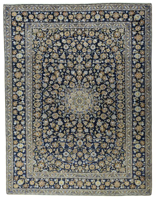 Full view of 2000s Kashan rug from Iran / Persia, 410 × 315 cm in Blue tones