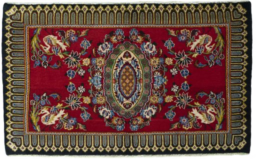 Full view of New Kashan rug from Iran / Persia, 72 × 116 cm in Red tones