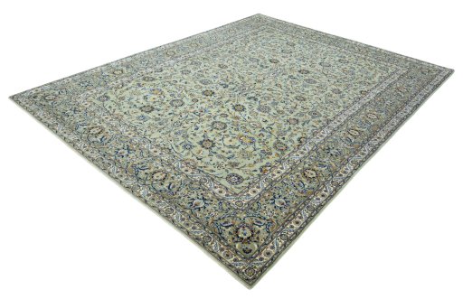 Corner detail of 2000s Kashan rug showing border pattern and Wool pile