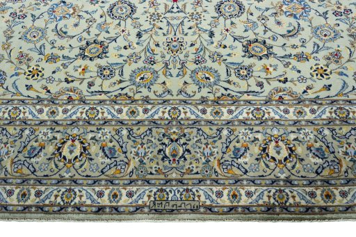 Full view of 2000s Kashan rug from Iran / Persia, 391 × 297 cm in Green tones