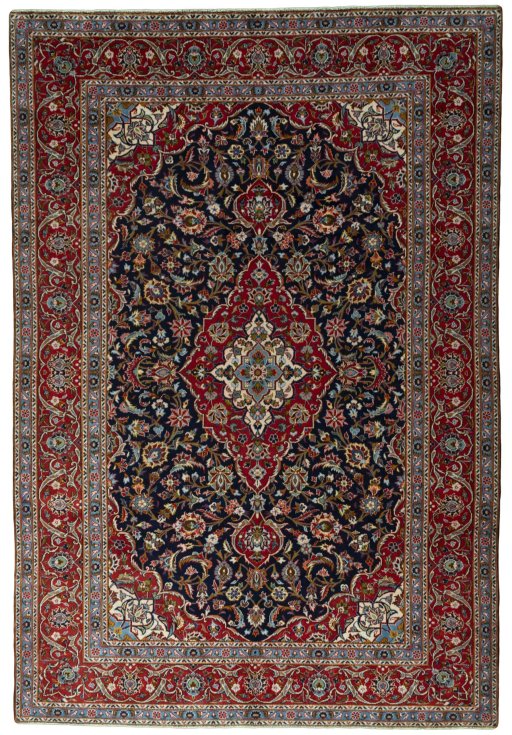 Full view of 2000s Kashan rug from Iran / Persia, 355 × 242 cm in Blue tones