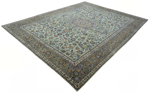 Corner detail of 2000s Kashan rug showing border pattern and Wool pile