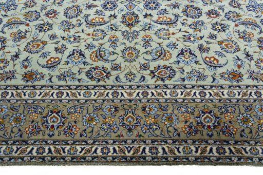 Full view of 2000s Kashan rug from Iran / Persia, 393 × 298 cm in Green tones
