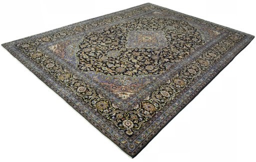 Corner detail of 2000s Kashan rug showing border pattern and Wool pile