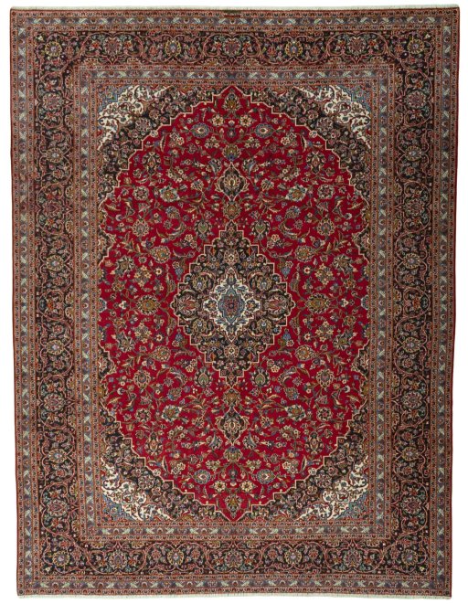 Full view of 2000s Kashan rug from Iran / Persia, 390 × 297 cm in Red tones