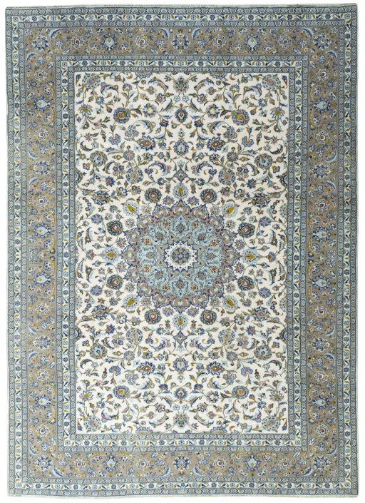 Full view of 2000s Kashan rug from Iran / Persia, 341 × 245 cm in Beige tones