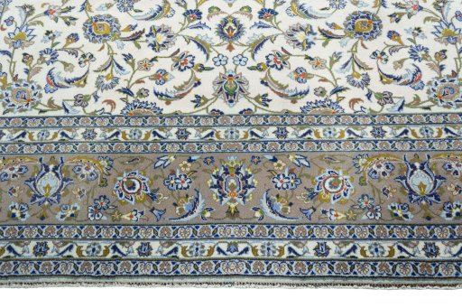Full view of 2000s Kashan rug from Iran / Persia, 341 × 245 cm in Beige tones