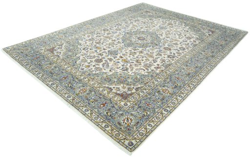 Corner detail of 2000s Kashan rug showing border pattern and Wool pile