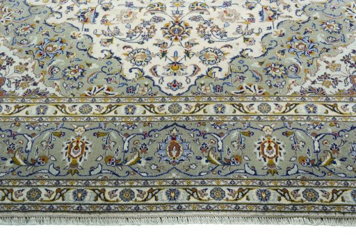 Full view of 2000s Kashan rug from Iran / Persia, 347 × 252 cm in Beige tones