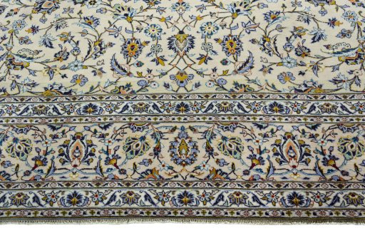 Full view of 2000s Kashan rug from Iran / Persia, 430 × 297 cm in Beige tones