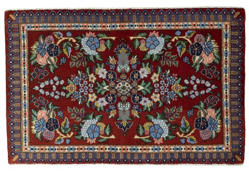 Full view of New Kashan rug from Iran / Persia, 65 × 100 cm in Red tones