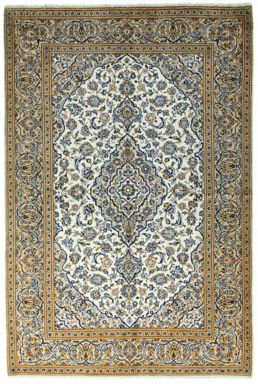 Full view of 2000s Kashan rug from Iran / Persia, 291 × 196 cm in Beige tones