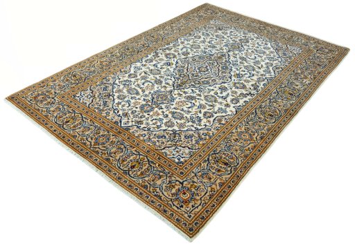 Corner detail of 2000s Kashan rug showing border pattern and Wool pile