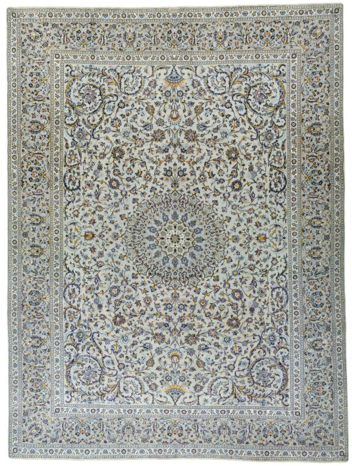 Full view of 2000s Kashan rug from Iran / Persia, 390 × 291 cm in Blue tones