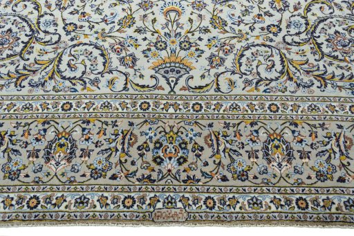Full view of 2000s Kashan rug from Iran / Persia, 390 × 291 cm in Blue tones