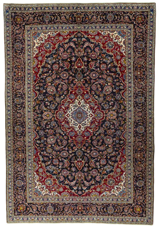 Full view of 2000s Kashan rug from Iran / Persia, 361 × 247 cm in Blue tones