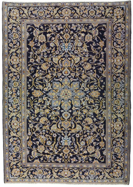 Full view of 1970s Kashan rug from Iran / Persia, 197 × 141 cm in Blue tones