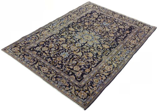 Corner detail of 1970s Kashan rug showing border pattern and Wool pile