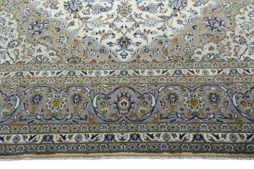Full view of 2000s Kashan rug from Iran / Persia, 345 × 247 cm in Beige tones