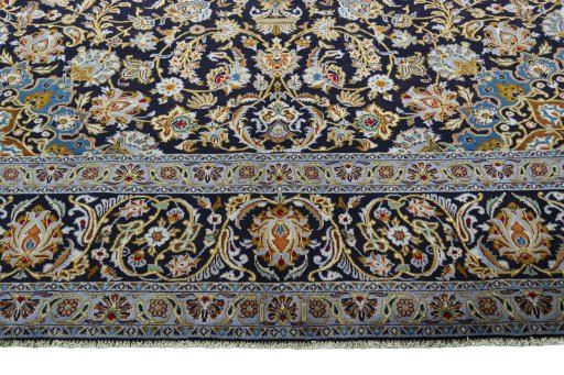 Full view of 2000s Kashan rug from Iran / Persia, 393 × 297 cm in Blue tones