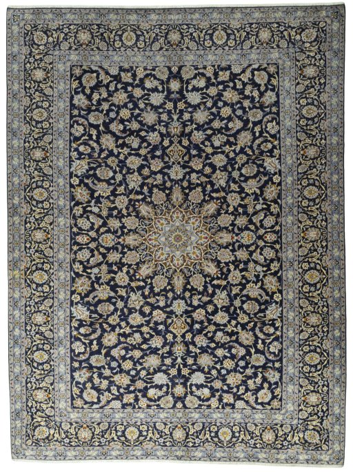 Full view of 2000s Kashan rug from Iran / Persia, 394 × 295 cm in Blue tones
