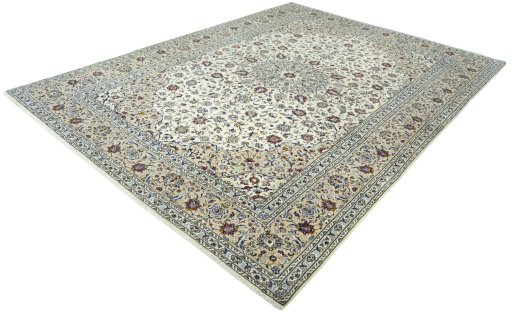 Corner detail of 2000s Kashan rug showing border pattern and Wool pile