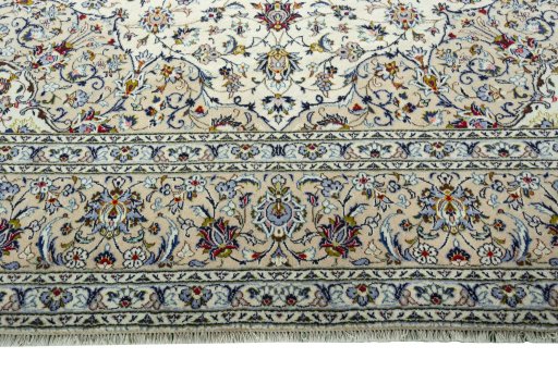 Full view of 2000s Kashan rug from Iran / Persia, 397 × 292 cm in Beige tones