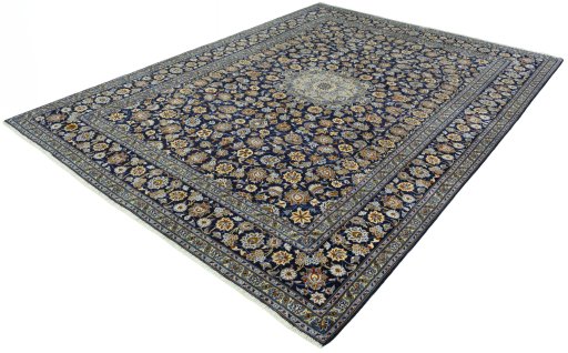Corner detail of 2000s Kashan rug showing border pattern and Wool pile