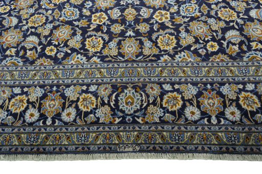 Full view of 2000s Kashan rug from Iran / Persia, 413 × 300 cm in Blue tones