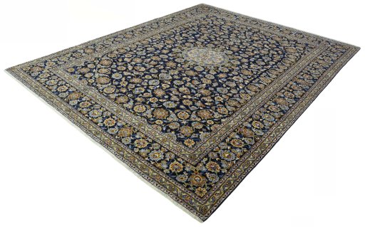 Corner detail of 2000s Kashan rug showing border pattern and Wool pile