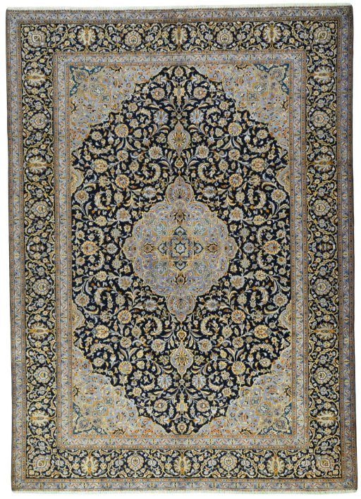 Full view of 2000s Kashan rug from Iran / Persia, 413 × 297 cm in Blue tones