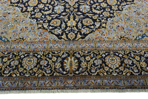 Full view of 2000s Kashan rug from Iran / Persia, 413 × 297 cm in Blue tones