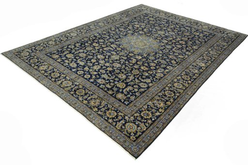 Corner detail of 2000s Kashan rug showing border pattern and Wool pile
